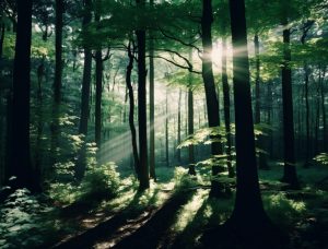 dense forest with sunlight filtering